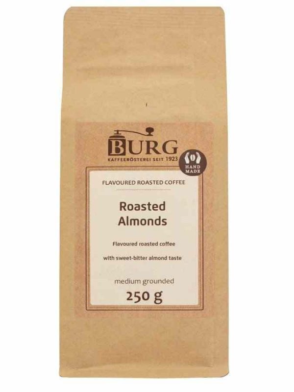 Indulge in Burg Flavor Coffee with Roasted Almonds - 250g of Exquisite Ground Coffee Delight. Enjoy the perfect blend of rich flavor and crunch in every sip.