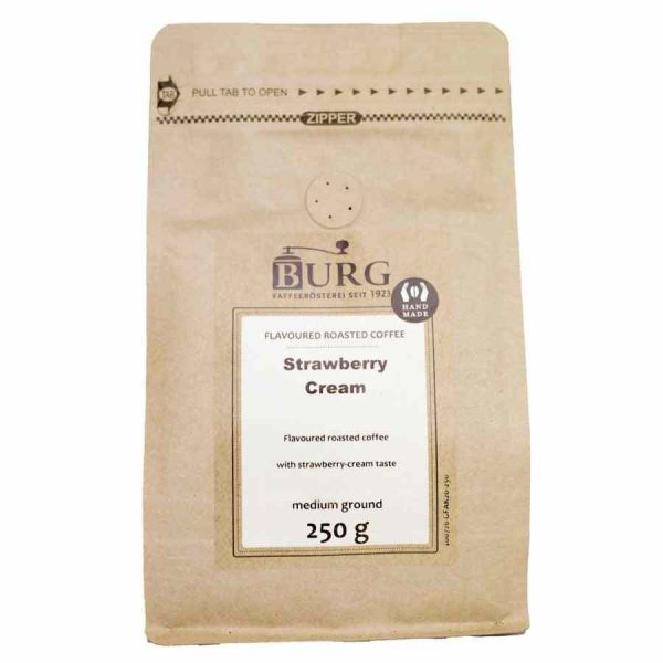 Indulge in rich Coffee Flavor Burg with Strawberry Cream 250g Ground - a delightful blend for your perfect cup of coffee experience!
