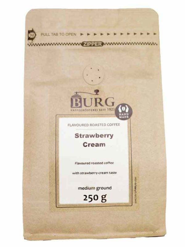 Indulge in rich Coffee Flavor Burg with Strawberry Cream 250g Ground - a delightful blend for your perfect cup of coffee experience!