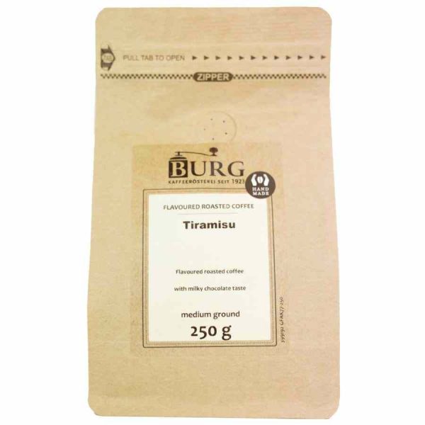 Indulge in the perfect blend of Burg Flavor Coffee, Tiramisu 250g Ground - a gourmet coffee experience like no other!