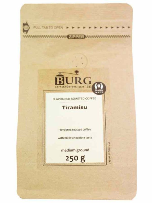 Indulge in the perfect blend of Burg Flavor Coffee, Tiramisu 250g Ground - a gourmet coffee experience like no other!