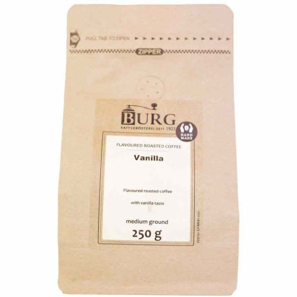 Burg Flavor Coffee, Vanilla 250 g Ground - Rich and aromatic coffee blend with luxurious vanilla notes, perfect for indulgent mornings.
