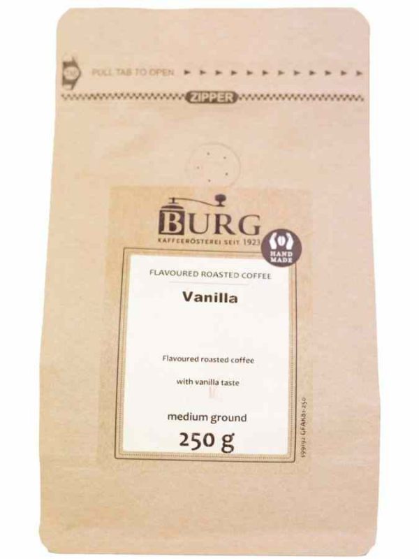 Burg Flavor Coffee, Vanilla 250 g Ground - Rich and aromatic coffee blend with luxurious vanilla notes, perfect for indulgent mornings.