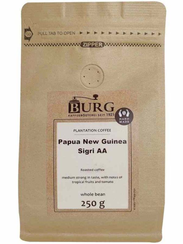 Premium Burg Papua New Guinea Sigri 250g coffee beans - Freshly roasted single origin beans from Papua New Guinea, rich flavor profile.