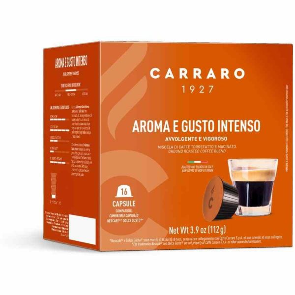 Premium 16-unit coffee capsules compatible with Carraro 1927 Aroma e Gusto Intenso Dolce Gusto® for rich, intense flavor