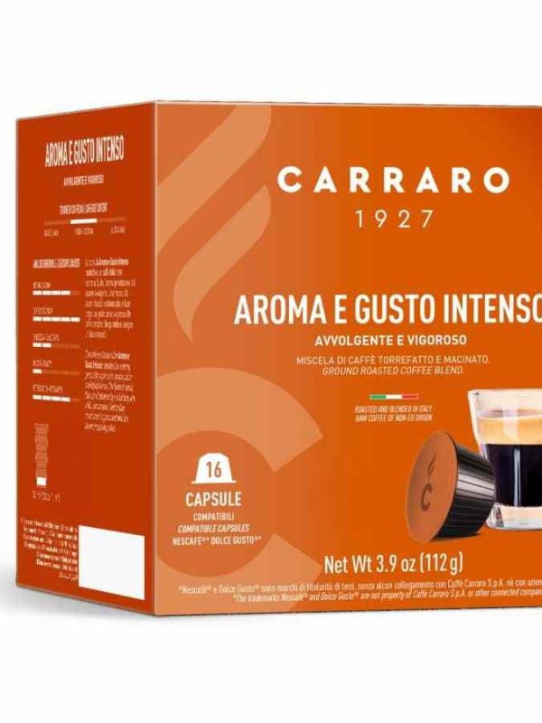 Premium 16-unit coffee capsules compatible with Carraro 1927 Aroma e Gusto Intenso Dolce Gusto® for rich, intense flavor