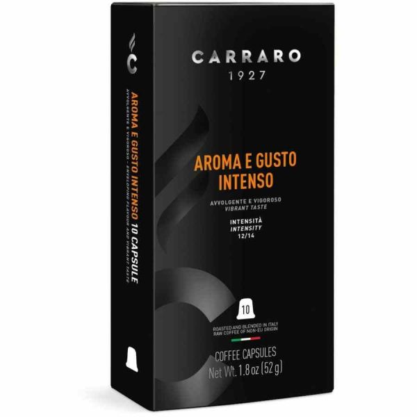 Indulge in Carraro 1927 Intense Aroma & Taste Coffee Capsules - 10 Nespresso Compatible Units. Elevate your coffee experience with this premium blend.