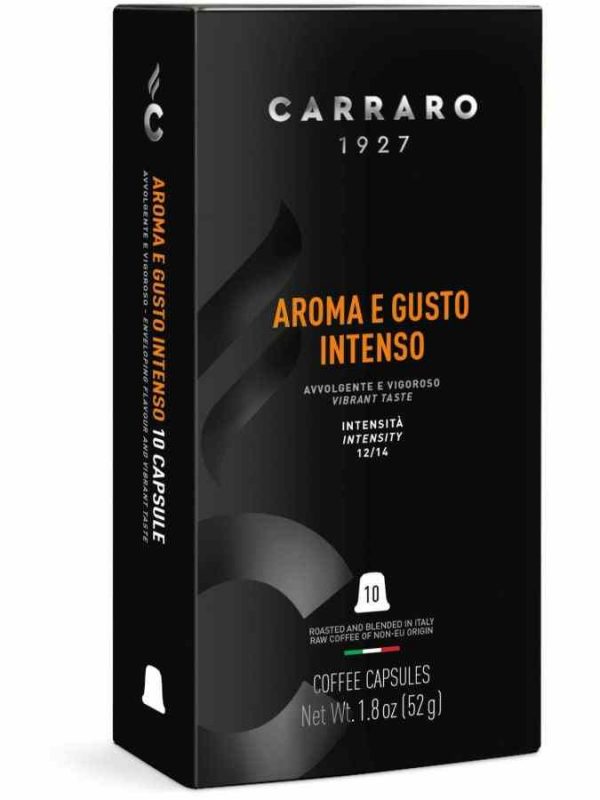 Indulge in Carraro 1927 Intense Aroma & Taste Coffee Capsules - 10 Nespresso Compatible Units. Elevate your coffee experience with this premium blend.