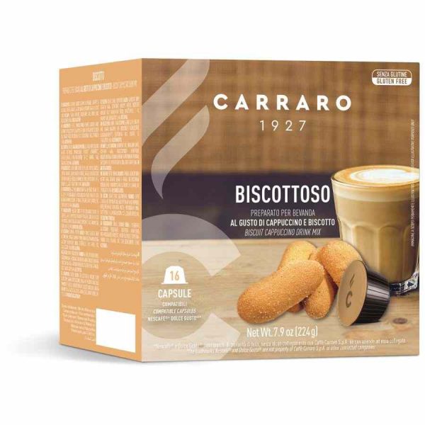 Premium 16-unit coffee capsules compatible with Carraro 1927 Biscottoso Cappuccino Dolce Gusto® for rich and aromatic drinks at home