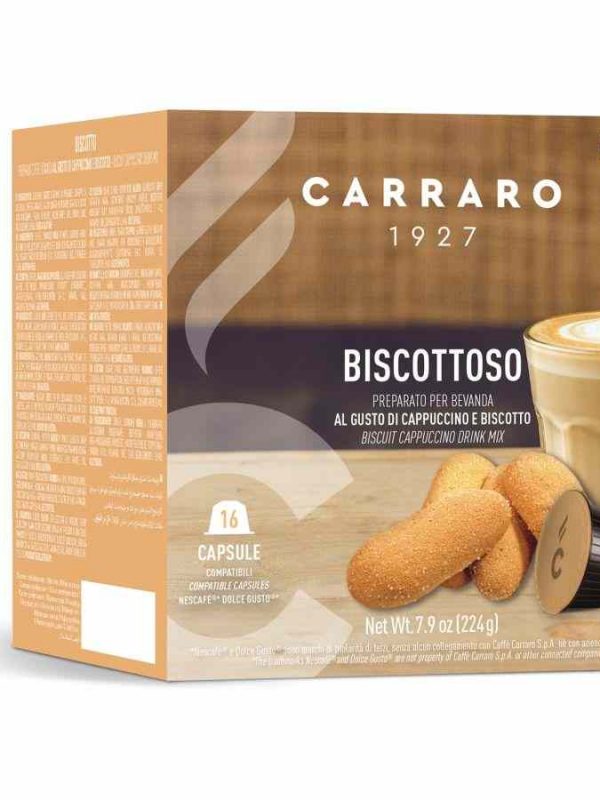 Premium 16-unit coffee capsules compatible with Carraro 1927 Biscottoso Cappuccino Dolce Gusto® for rich and aromatic drinks at home