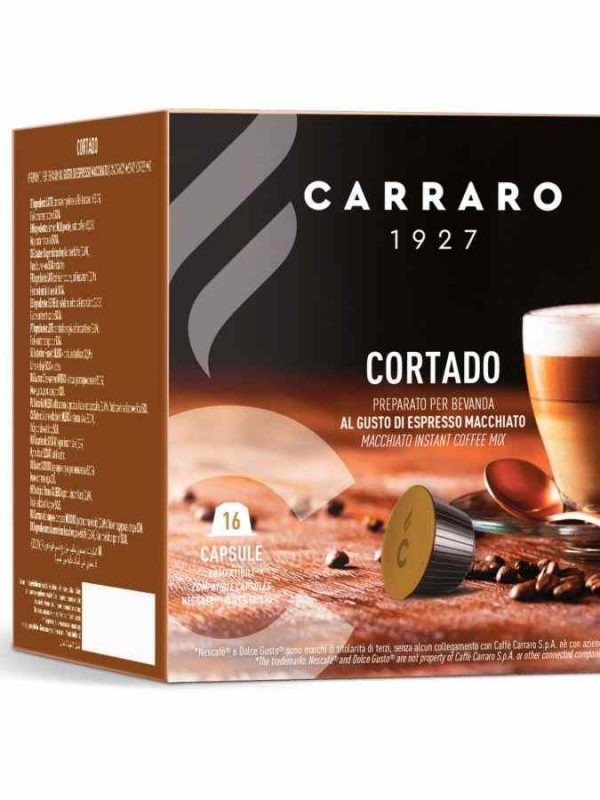 Indulge in the rich flavor of Carraro 1927 Cortado Dolce Gusto® Compatible Coffee Capsules, a 16-count pack of premium quality coffee pods.