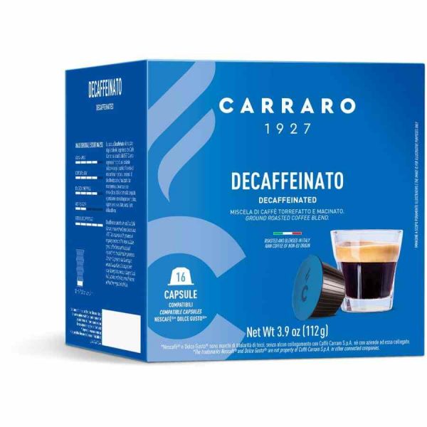 Indulge in Carraro 1927 Decaffeinato Dolce Gusto® Compatible Coffee Capsules, 16 Count - Premium blend for coffee lovers seeking decaf perfection.