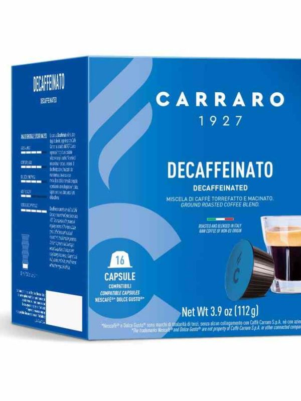 Indulge in Carraro 1927 Decaffeinato Dolce Gusto® Compatible Coffee Capsules, 16 Count - Premium blend for coffee lovers seeking decaf perfection.