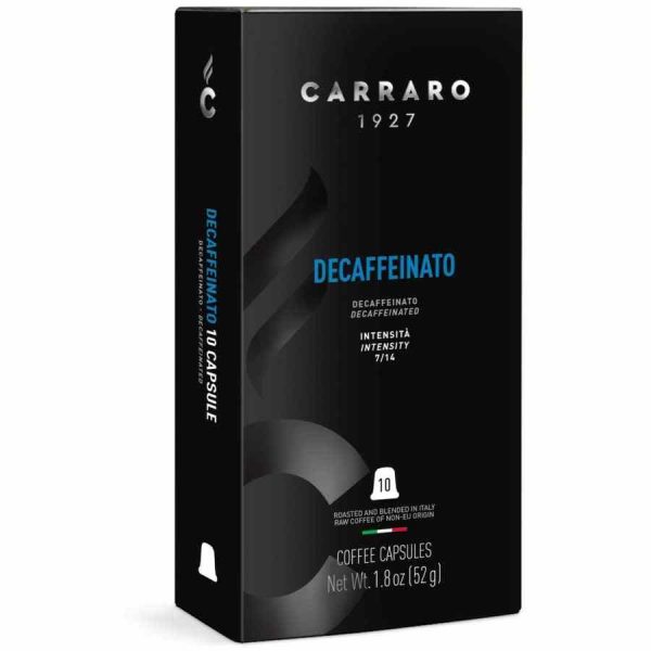Indulge in Carraro 1927 Decaffeinated Premium Nespresso Compatible Coffee Capsules - 10 units of pure luxury for the perfect coffee experience!