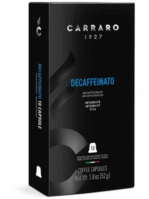 Indulge in Carraro 1927 Decaffeinated Premium Nespresso Compatible Coffee Capsules - 10 units of pure luxury for the perfect coffee experience!