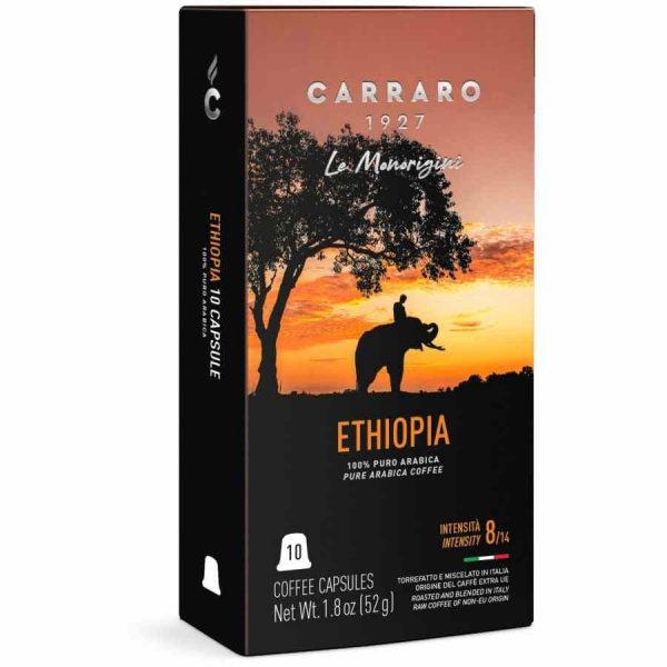 Premium Nespresso-compatible Carraro 1927 Ethiopia coffee capsules, 10 units, exquisite flavor, ideal for coffee enthusiasts