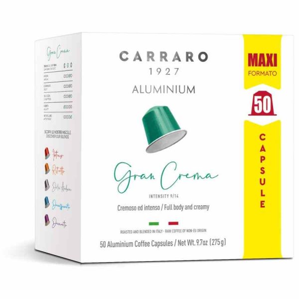 Indulge in Carraro 1927 Gran Crema Nespresso Compatible Coffee Capsules - 50 units of premium coffee bliss for your mornings.