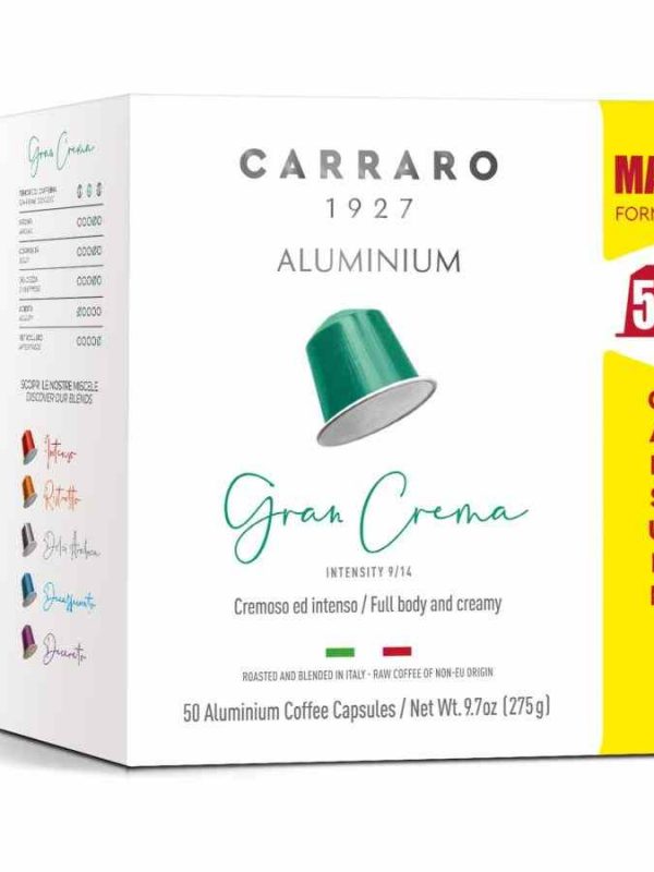 Indulge in Carraro 1927 Gran Crema Nespresso Compatible Coffee Capsules - 50 units of premium coffee bliss for your mornings.
