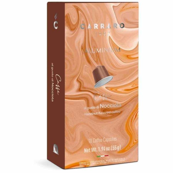 Indulge in Carraro 1927 hazelnut flavored Nespresso compatible coffee capsules - a pack of 10 units for a rich and aromatic coffee experience.