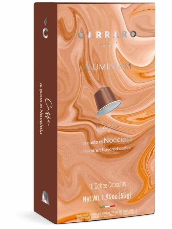 Indulge in Carraro 1927 hazelnut flavored Nespresso compatible coffee capsules - a pack of 10 units for a rich and aromatic coffee experience.