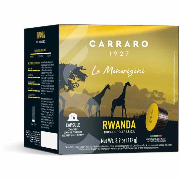 Indulge in Carraro 1927 Rwanda Dolce Gusto® Compatible Coffee Capsules - 16-count pack, the perfect blend for coffee lovers. Buy now!