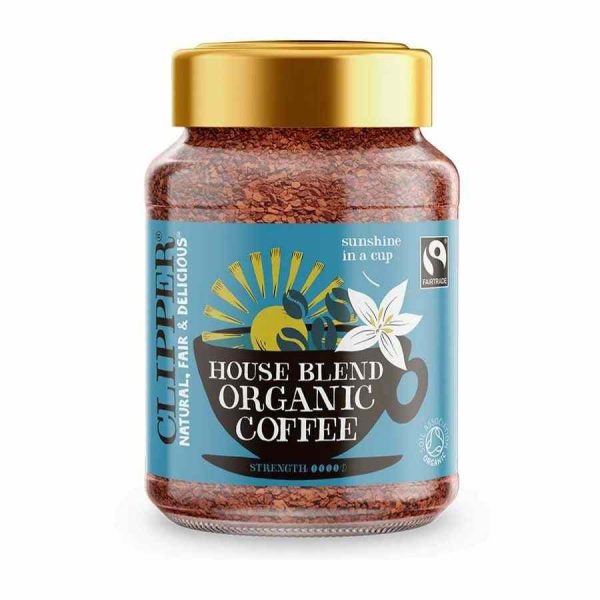 Premium Clipper House Blend Organic Instant Coffee 100g - Rich and smooth blend for a perfect cup anytime. Fairtrade and guilt-free.