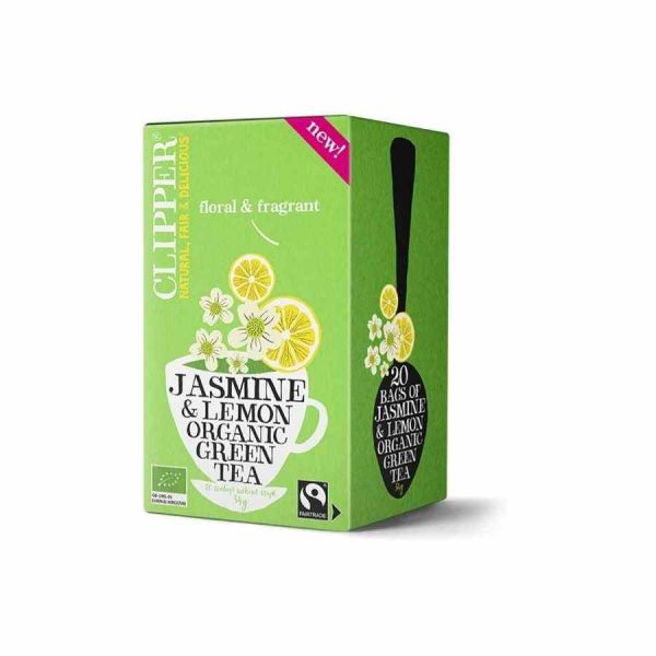 Clipper Organic Green Tea Jasmine and Lemon 20 Tea Bags - Refreshing blend of green tea with fragrant jasmine and zesty lemon, 20 tea bags.