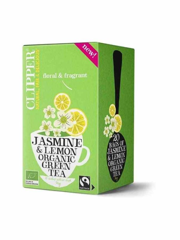 Clipper Organic Green Tea Jasmine and Lemon 20 Tea Bags - Refreshing blend of green tea with fragrant jasmine and zesty lemon, 20 tea bags.