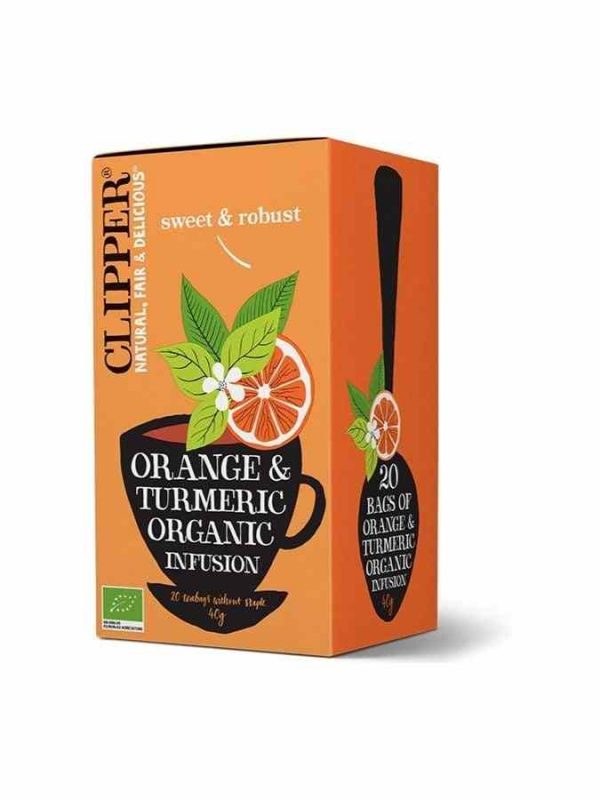 Delight your senses with Clipper Organic Orange and Turmeric Infusion 20 Tea Bags - a refreshing blend of flavors in every sip!