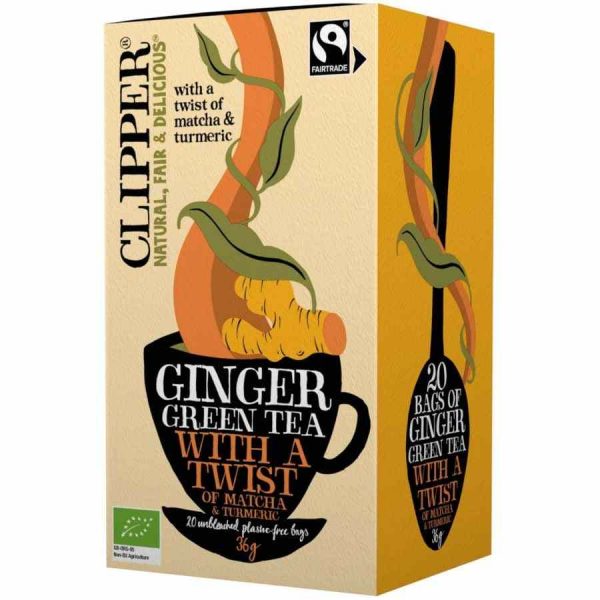 Clipper Organic Ginger Green Tea with Matcha, Turmeric - 20 Tea Bags, Energizing Blend for Health and Wellness