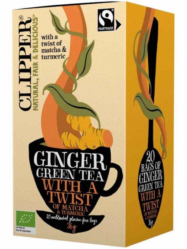 Clipper Organic Ginger Green Tea with Matcha, Turmeric - 20 Tea Bags, Energizing Blend for Health and Wellness