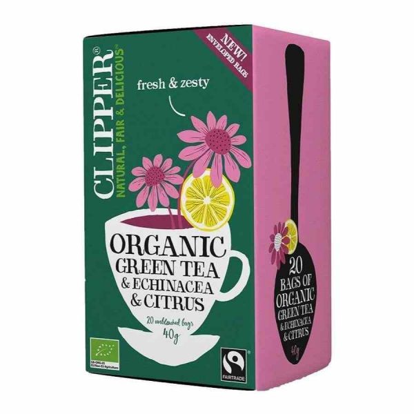 Clipper Organic Green Tea with Echinacea and Citrus - 20 Bags, Premium Quality Herbal Tea Blend for Immune Support and Refreshing Taste