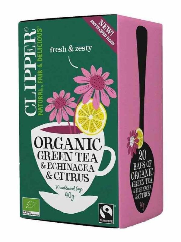 Clipper Organic Green Tea with Echinacea and Citrus - 20 Bags, Premium Quality Herbal Tea Blend for Immune Support and Refreshing Taste