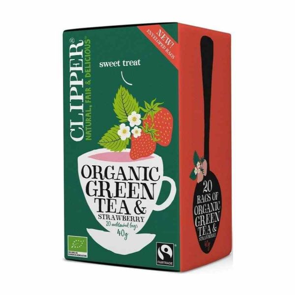 Clipper Organic Green Tea and Strawberry 20 Bags - Refreshing blend of green tea and sweet strawberries. Perfect for a soothing cup anytime.