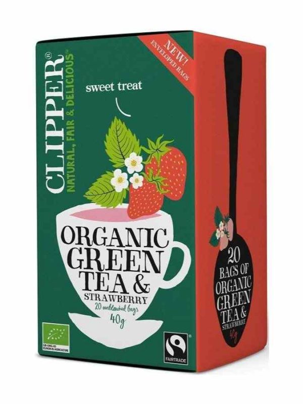 Clipper Organic Green Tea and Strawberry 20 Bags - Refreshing blend of green tea and sweet strawberries. Perfect for a soothing cup anytime.