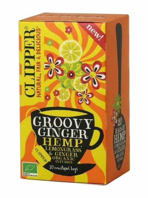 Clipper Organic Groovy Ginger Tea Bags - Energizing blend of hemp, lemongrass, and ginger infusion. 20 eco-friendly bags for a soothing experience.