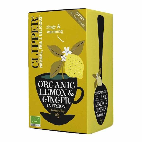 Clipper organic lemon and ginger infusion: A refreshing blend of zesty lemon and spicy ginger, perfect for a soothing cup of tea.