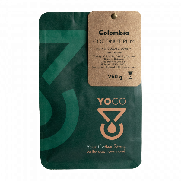 Premium Colombia Coconut Rum Filter Coffee Beans, 250g - Exotic flavors of coconut infused into rich Colombian coffee beans.