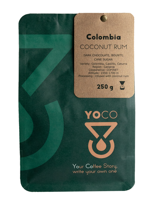 Premium Colombia Coconut Rum Filter Coffee Beans, 250g - Exotic flavors of coconut infused into rich Colombian coffee beans.