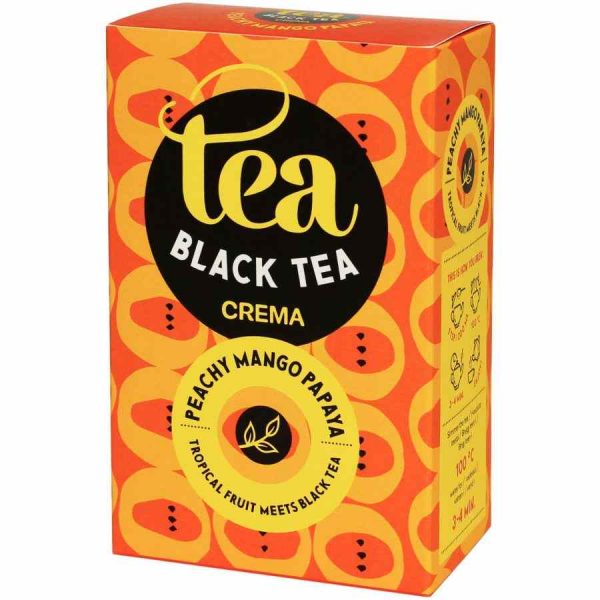 Delicious Crema Black Tea Peach Mango Papaya 75g - Refreshing blend of black tea infused with juicy peach, mango, and papaya flavors in a convenient pack.