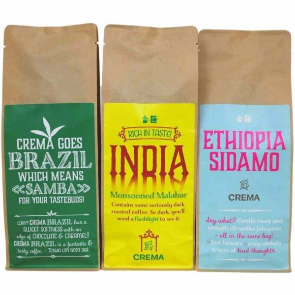 Indulge in the Crema Filtered Coffee Tasting Pack - 3 x 250 g for a rich, aromatic coffee experience. Perfect for coffee connoisseurs.