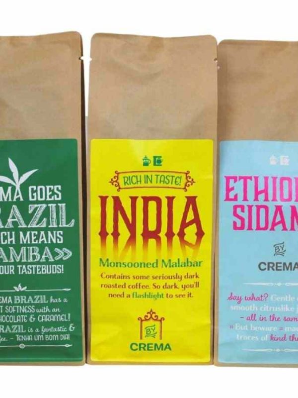 Indulge in the Crema Filtered Coffee Tasting Pack - 3 x 250 g for a rich, aromatic coffee experience. Perfect for coffee connoisseurs.