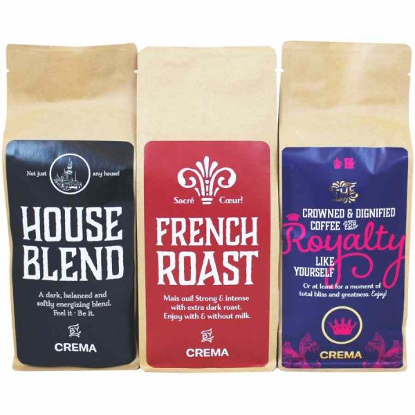 Experience the rich flavors of Crema Filter Coffee II with this Tasting Pack - 3 x 250 g. Perfect for coffee connoisseurs!