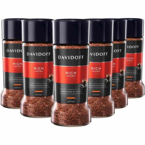 Indulge in the bold and rich flavor of Davidoff Rich Aroma Instant Coffee in convenient 6 x 100 g packs - a luxurious coffee experience at your fingertips!
