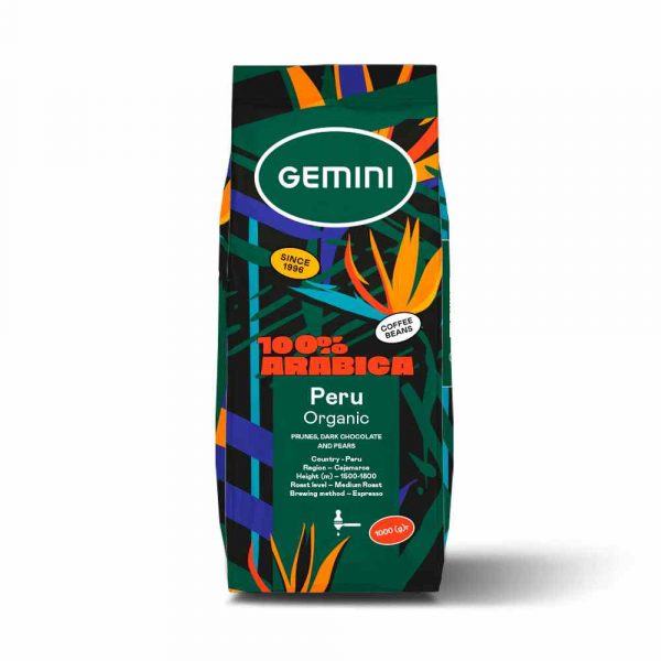 Premium Gemini Peru Organic 1kg coffee beans, made from 100% Arabica beans, perfect for coffee lovers seeking quality and taste.