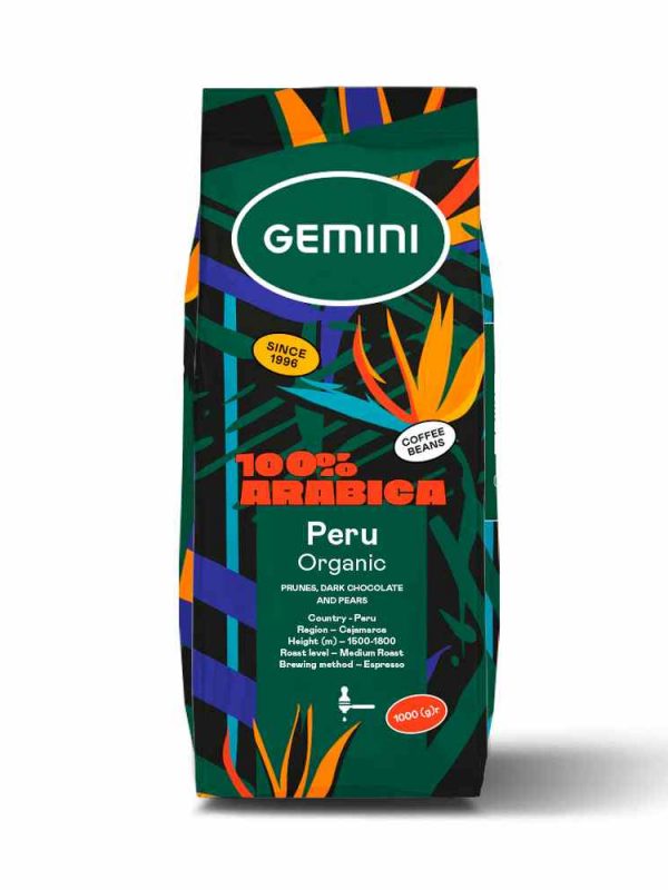 Premium Gemini Peru Organic 1kg coffee beans, made from 100% Arabica beans, perfect for coffee lovers seeking quality and taste.