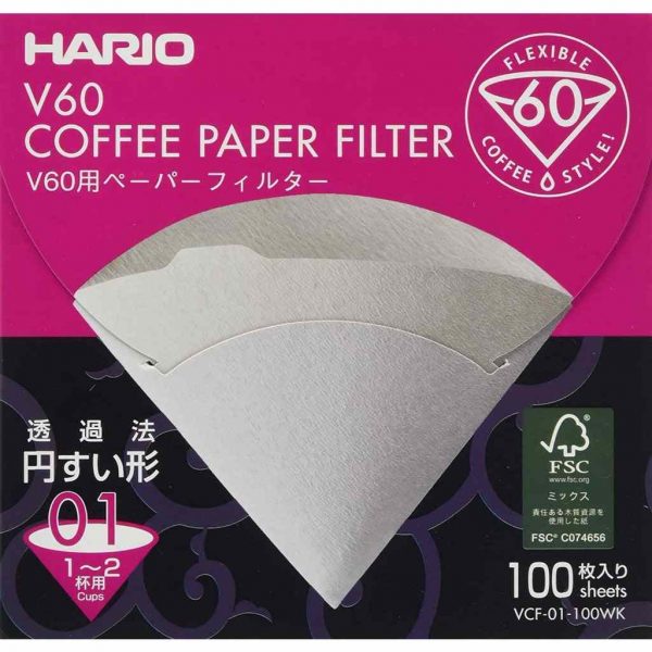100 sheets Hario paper filters in white color, perfect for V60 brewing | BOX VCF-01-100WK, premium quality coffee accessories