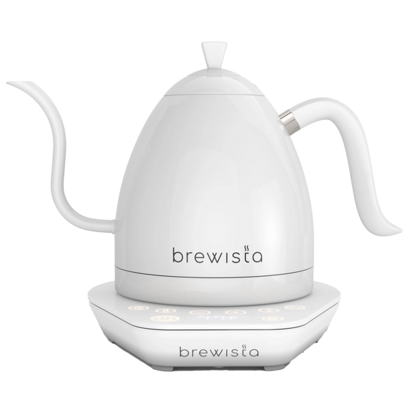 Experience precision with Brewista Artisan White Kettle, 1L capacity, featuring a sleek white design on a matching base.