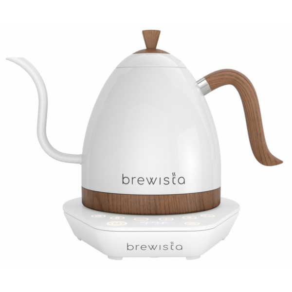 Elevate your brewing experience with the Brewista Artisan White Kettle featuring a stylish wooden handle, 1L capacity. Perfect for coffee enthusiasts.
