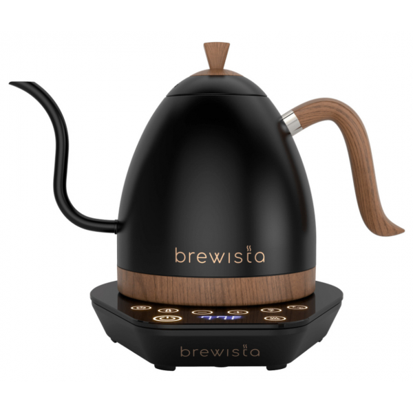 Premium 1L Brewista Artisan Black Kettle with Wooden Handle, ideal for precision pouring and stylish brewing at home or in cafes.